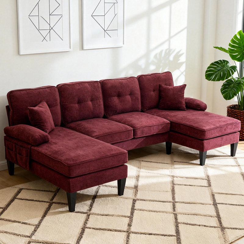 U-shaped Sectional Sofa,sectional Couches With Double Chaise,linen Fabric Couch For Living Room, Orange Linen