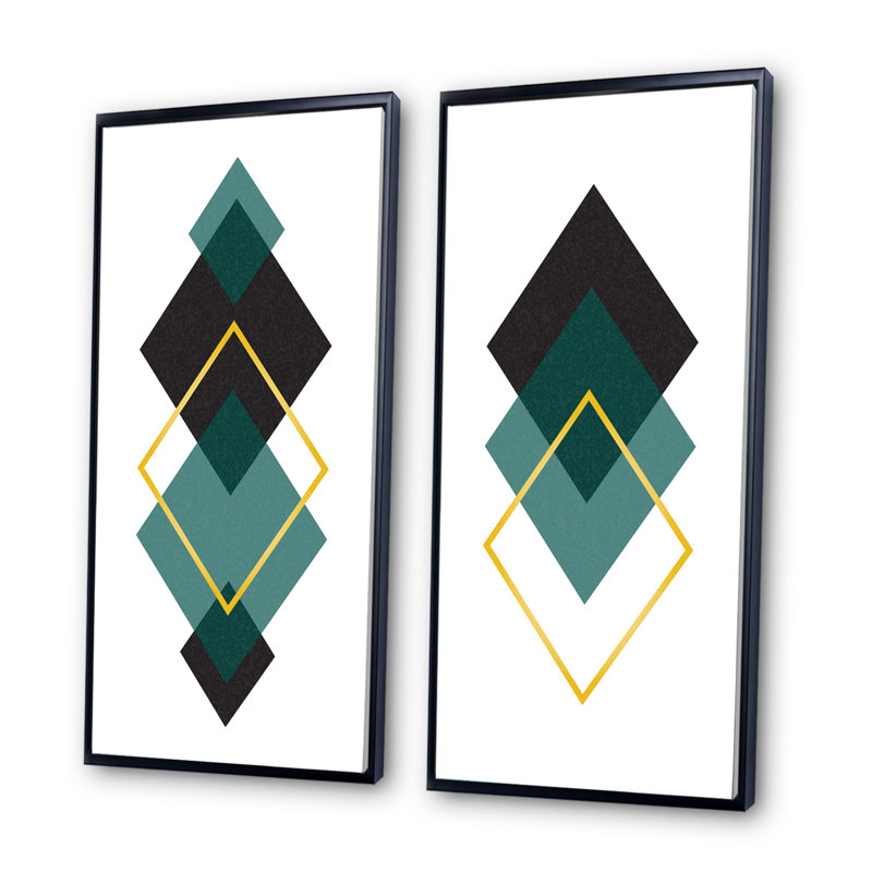 «Abstract Geometrics in Green and Gold II», ensemble de 2 peintures, H 32 po x l 32 po x P 1 po, Cadre noir