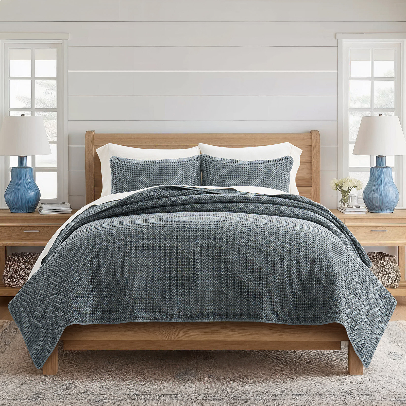 Stonewashed 100% Natural Cotton Waffle Quilt Set, King Quilt + 2 King Shams, Midnight Blue