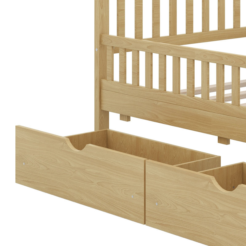 Lit plateforme moderne en bois avec garde-corps des deux côtés et deux tiroirs intégrés, Lit simple