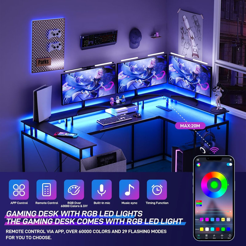 78.8" U Shaped Computer Desk With Power Outlets, USB Ports, LED Strip And Monitor Stand, Reversible L Shaped Desk With Storage Shelves