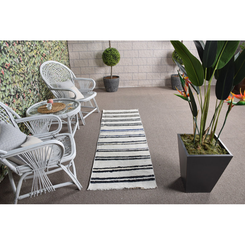 Tapis de couloir rétro en chanvre turc avec rayures - Accent de couloir oriental blanc antique