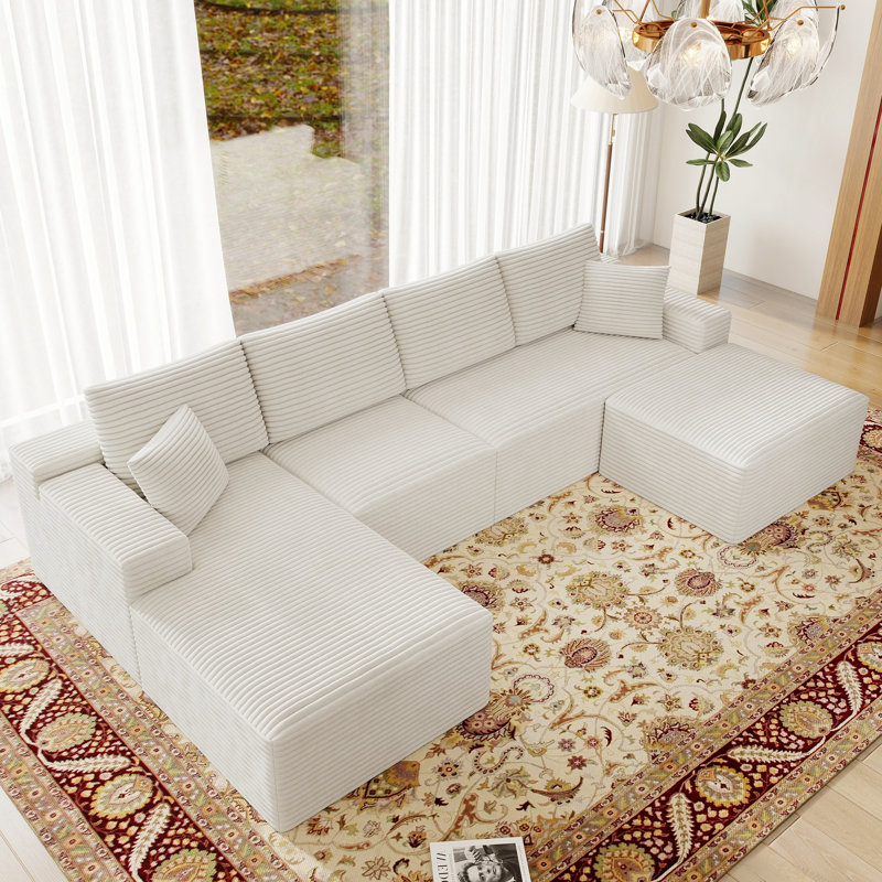 Canapé modulaire en forme de U de 132 po pour 4 personnes Koli, velours côtelé blanc, faisant face à gauche, White Corduroy