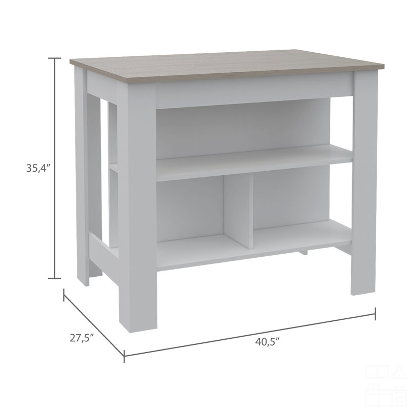 Îlot de cuisine antibactérien, trois tablettes, quatre pieds, Blanc / Chêne