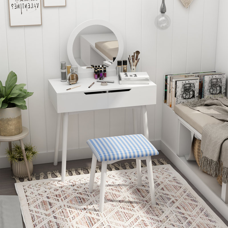 Ensemble de coiffeuse avec miroir et tabouret, Blanc / blanc