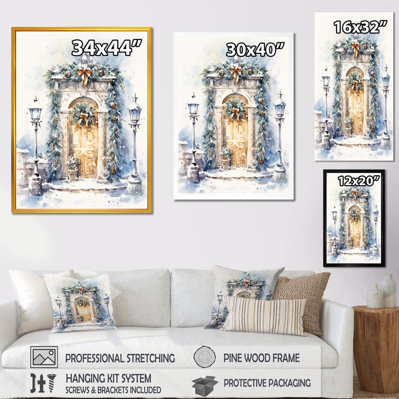 Porte de guirlande de Noël en hiver 2 - art mural de ferme, Cadre flottant noir, H 44 po x l 34 po x P 1,5 po
