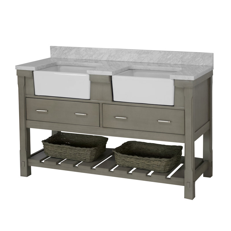 Ensemble de meuble-lavabo double 60 po Hitton, Gris patiné, Carrara d'ingénierie