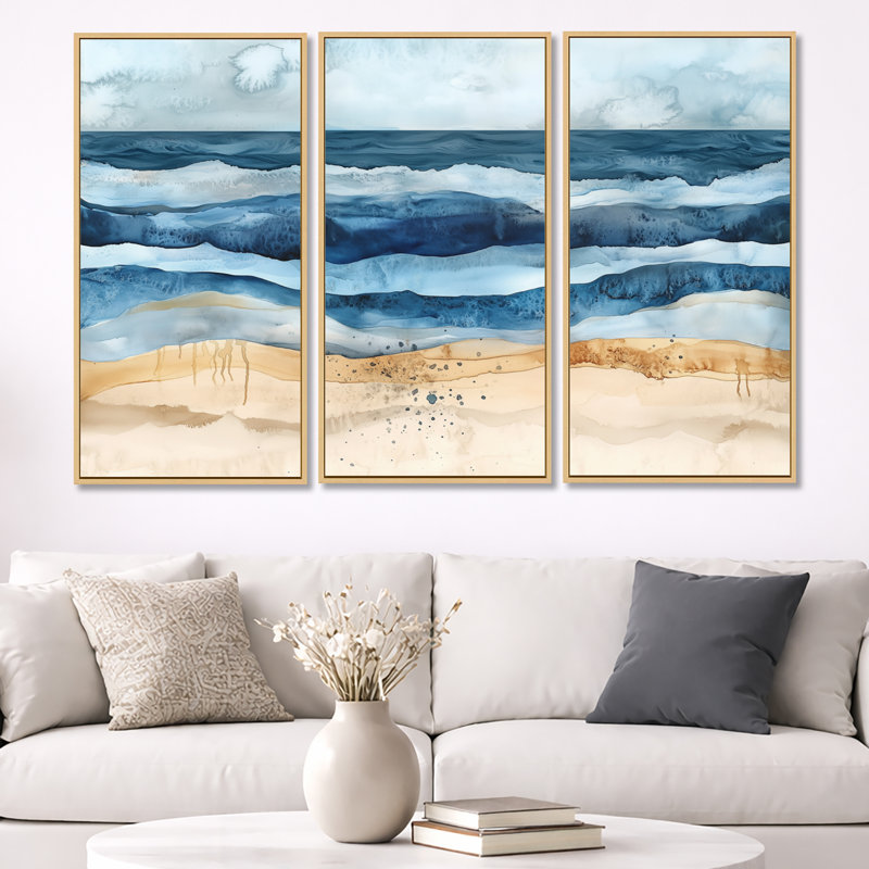 «Blue Sand Canvas», art mural abstrait côtier - ensemble d'art mural encadré sur toile 3 pièces Latrell, H 40 po x l 60 po