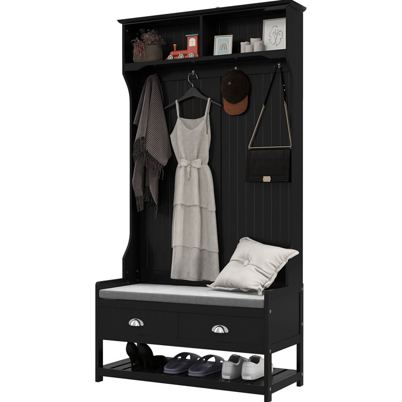 3-In-1 Hall Tree, Entryway Bench With Coat Rack, Mudroom Bench With Shoe Rack, 2 Storage Drawers, 4 Hooks And Padded Seat Cushions For Hallway