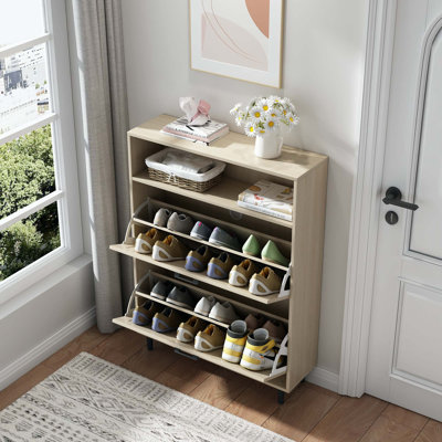 Armoire à chaussures, armoire à chaussures de ferme avec 2 tiroirs rabattables et porte de grange, armoire à chaussures autoportante avec rangement ouvert pour vestibule, vestibule, couloir