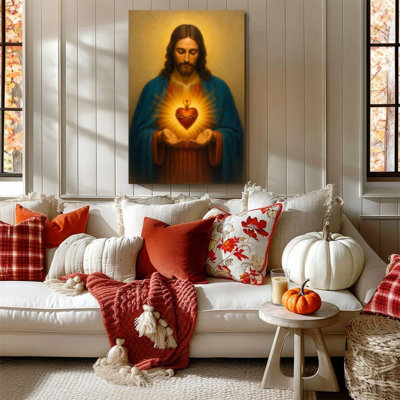 1 Piece Framed Wall Art Canvas Painting of Sacred Heart of Jesus, Glowing Heart with Cross, Religious Art Style Decorative Retro Wall Poster Home Decoration Modern Artwork Perfect Gift for Bedroom and Living Room