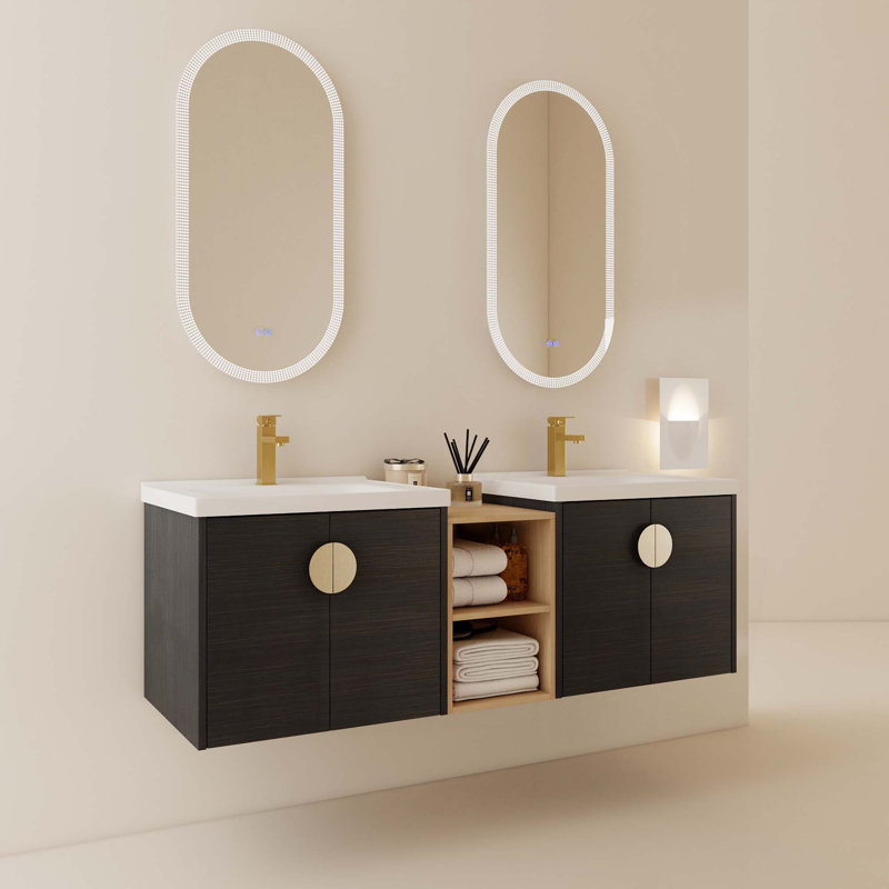 Meuble-lavabo à fermeture en douceur 60 po avec lavabo et petites tablettes de rangement, Noir châtaignier