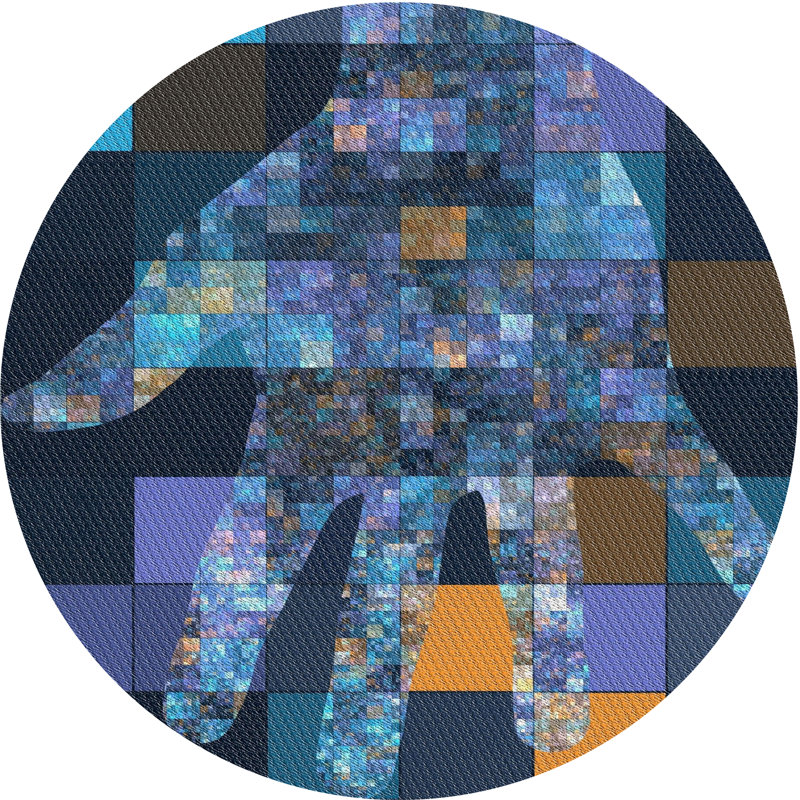 Tapis bleu marine / jaune en laine et polyester tissé à la machine Fontvieille, Rond 5 pi