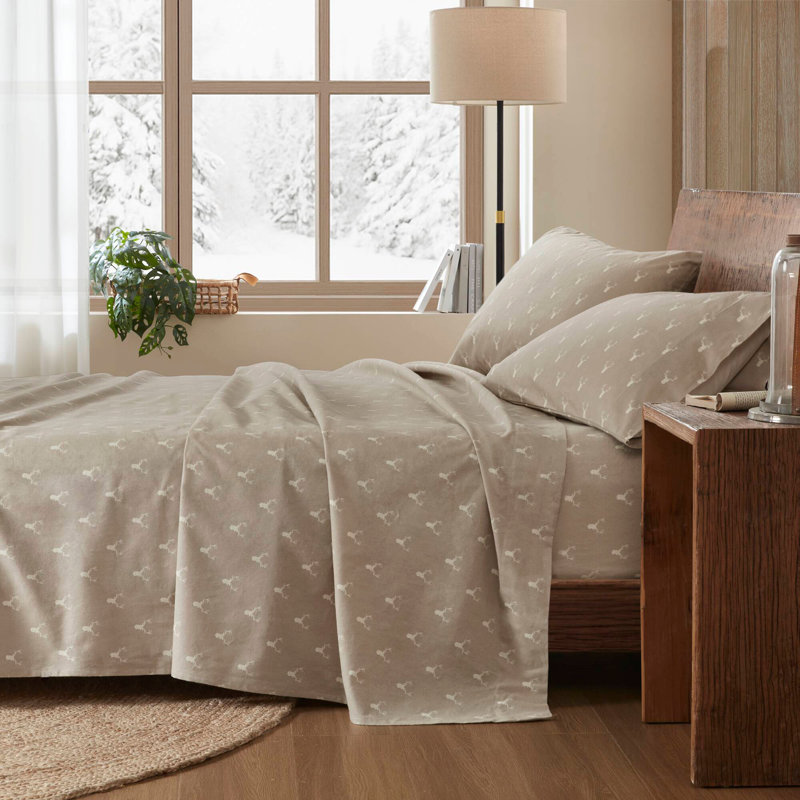 Ensemble de draps 4 pièces 100% flanelle de coton - Tête de cerf, Ensemble de draps pour lit double avec 2 taies d'o