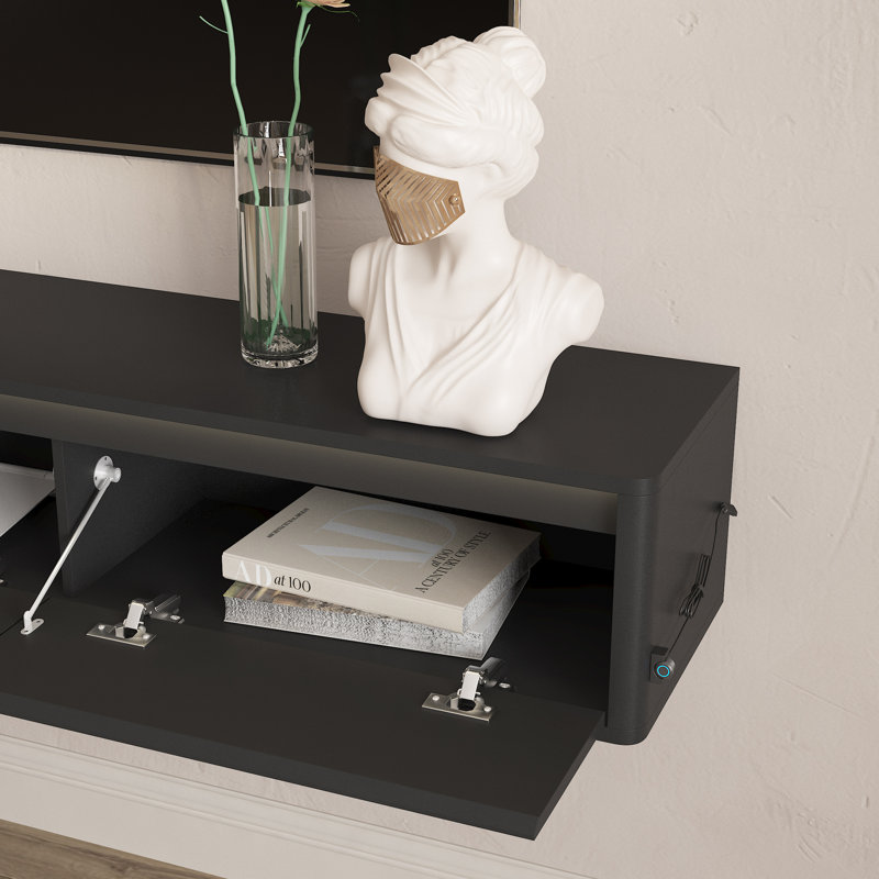 Modern Floating Tv Stand, High Gloss Black Mdf With Led Lights For Living Room
