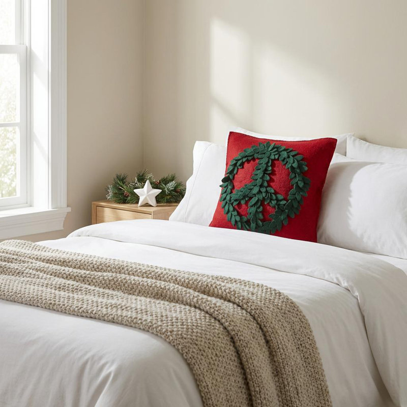 Hand Felted Wool Pillow – Green Peace Sign On Red – 20", Pillow Cover Only - No Insert