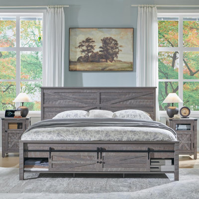 Argana Farmhouse Wood Bed Frame with Headboard and Sliding Barn Door Storage Cabinets
