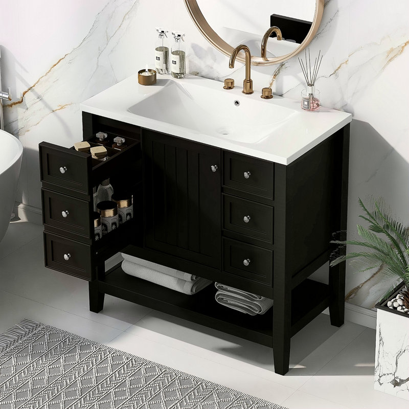 Ensemble de meuble-lavabo 36 po avec lavabo, une armoire et trois tiroirs, bois massif et panneau de fibres à densité moyenne