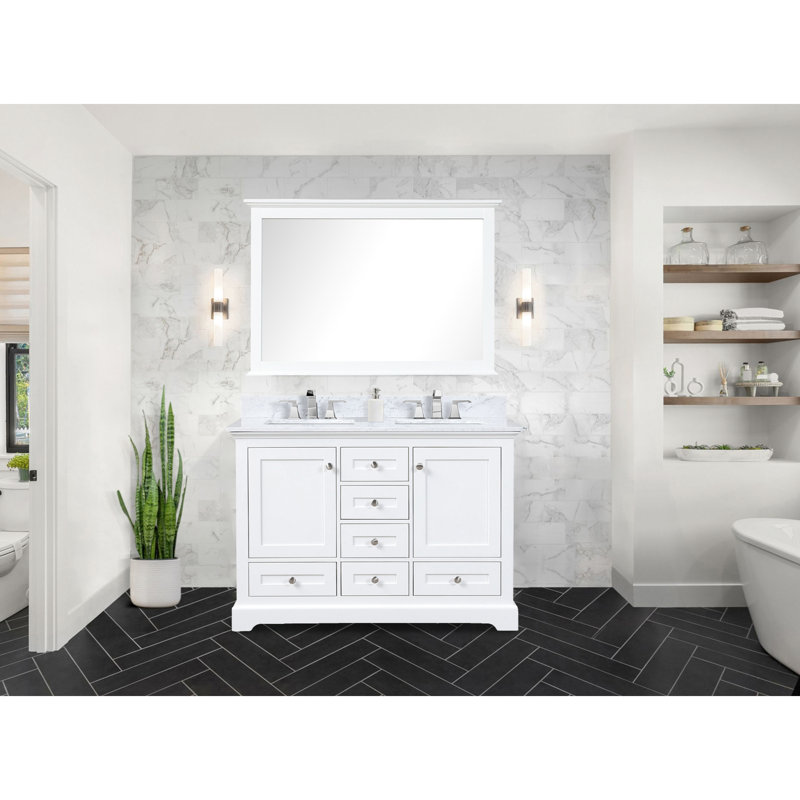 Double blanc 48 po Large meuble-lavabo avec dossier en marbre, structure de support en bois massif, méthode de fermeture silencieuse, compartiments de rangement spacieux et robinet pré-percé avec l 22 po P avec couvercle