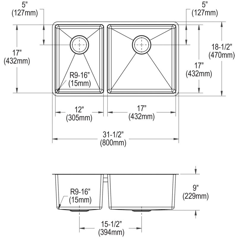 Évier de cuisine à double cuve avec filtre à panier encastrable l 32 po x l 19 po Crosstown