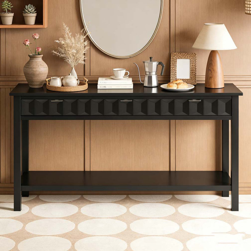 60'' Fir Veneer Entryway Table with Honeycomb-patterned Fronts,Modern Stylish Console Table, Black