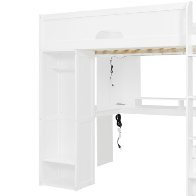 Full Size Solid Wood Loft Bed with L-Shaped Desk, Storage Cabinet & Wardrobe, Smart LED Lights & USB Charging, White