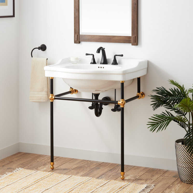 30" Cierra 31" Tall Vitreous China Rectangular Console Bathroom Sink with Overflow, Matte Black/Gold