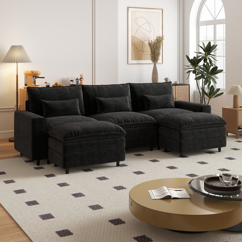 Ensemble de canapé en U pour salon, H 39,37 po x l 121,26 po x P 35,83 po, Chenille noir