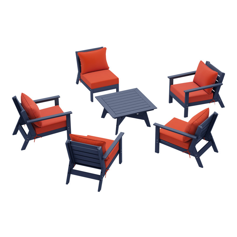 6-Piece Deep Seating Set, Navy Blue, Orange
