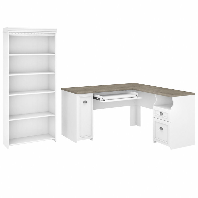 Ozro L-Shaped Executive Desk, Shiplap Gray/Pure White