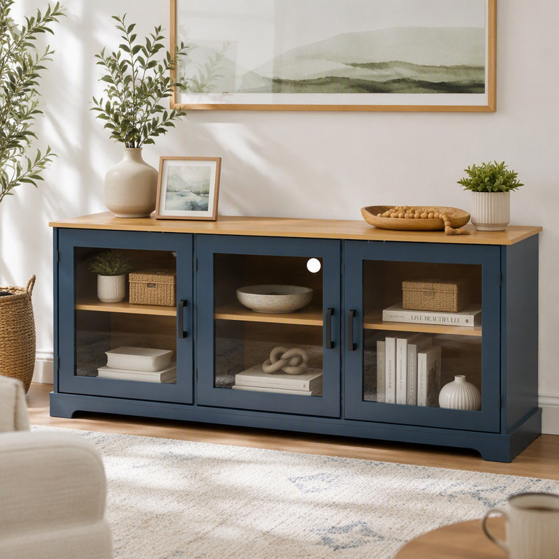 Meuble télé Farmhouse avec portes en verre semi-arquées pour téléviseur de 70 po ou moins, Blue