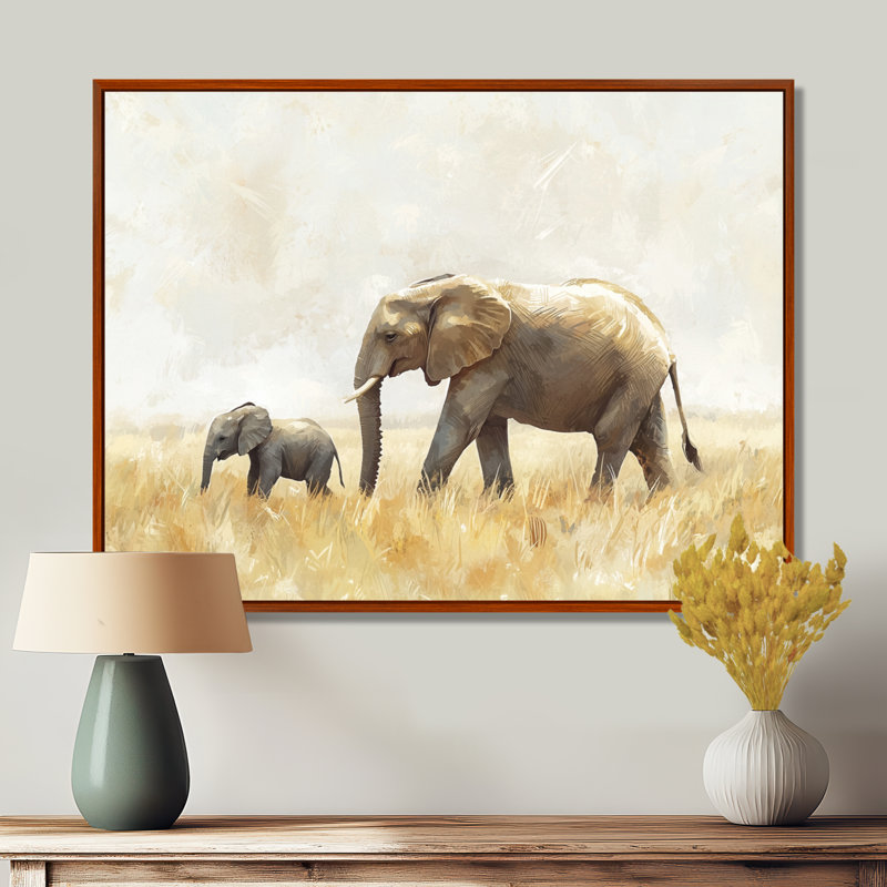 Éléphant avec son bébé en Afrique - Éléphant, art mural, H 34 po x l 44 po, Impression encadrée flottante, Brun