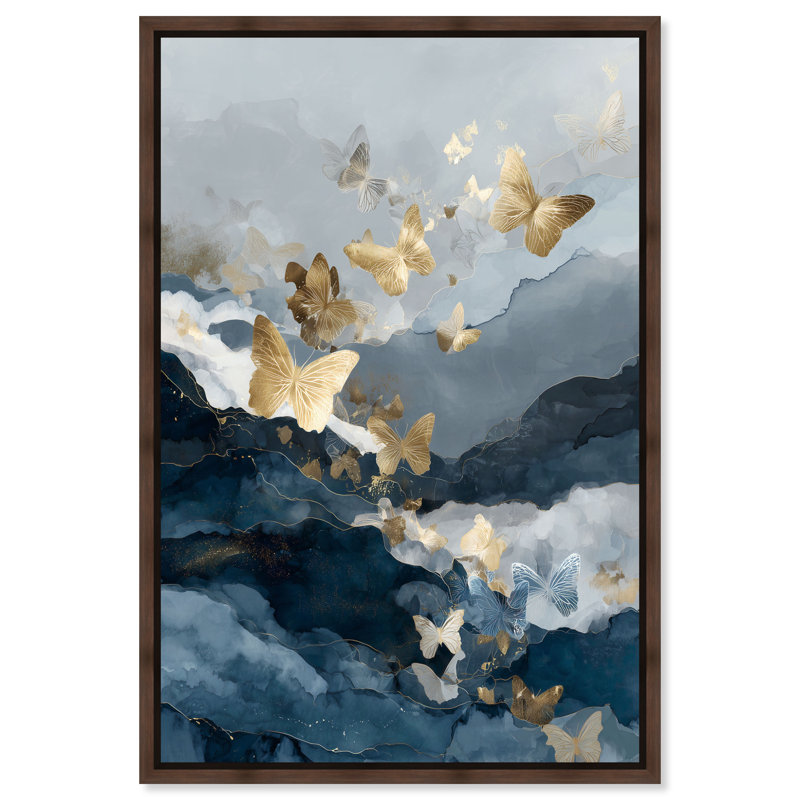 "Gilded Butterfly Flight I", reproduction d'art acrylique encadrée par Art Remedy, cadre noir, 36 x 54, H 55 po x l 37 po