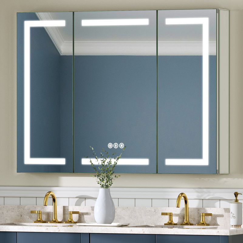 Pharmacie de salle de bain à DEL avec miroir, désembueur, capteur tactile, 3 couleurs, gradateur, prises et supports, encastré ou mural