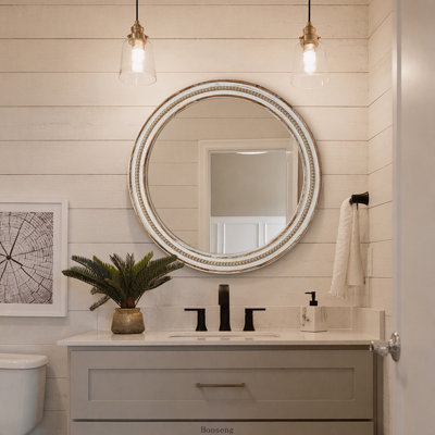 27.56 Inch Rustic Round Wood Wall Mirror with Beads