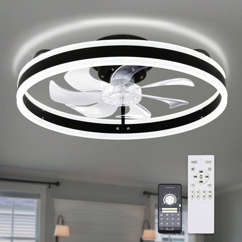 20 Inch Modern Black Flush Mount Smart Ceiling Fan With Lights And APP Control, Low Profile Bladeless Fandelier, Reversible DC Motor Ceiling Fan for Bedroom
