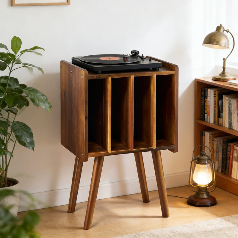 Mid-Century Modern Record Player Stand With Storage Cabinets, Holds 100 Vinyl Records, Acacia Wood Media Console With Metal Record Holder And Organizer Table