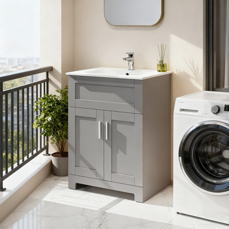 Meuble-lavabo de 24 po avec lavabo, meuble-lavabo autoportant moderne pour petite salle de bain, porte à fermeture douce et grand espace de rangement