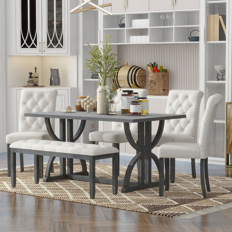 6-Piece Retro Rectangular Dining Table Set, Gray Wash