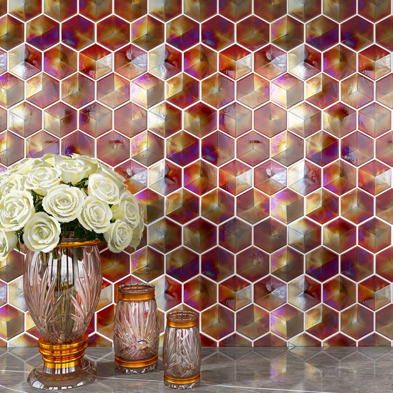 Aurora Glossy 3" x 3" Glass Hexagonal Mosaic Tile, Red