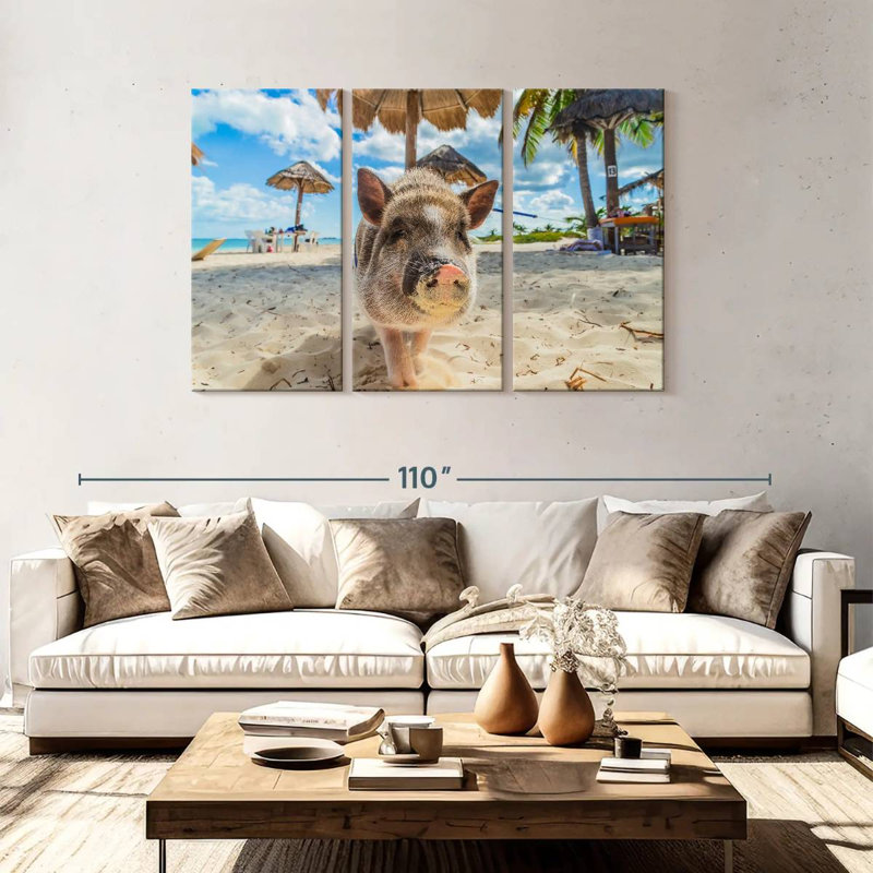 Cochon sale sur la plage, H 48 po x l 74 po