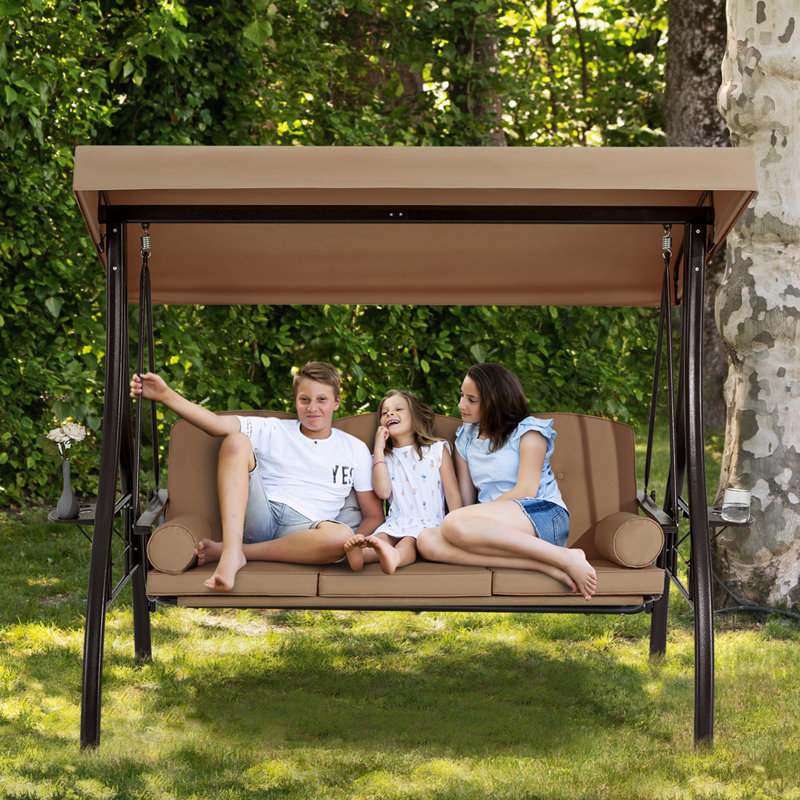Brown Steel Frame 3-Seat Outdoor Porch Swing with Adjustable Canopy