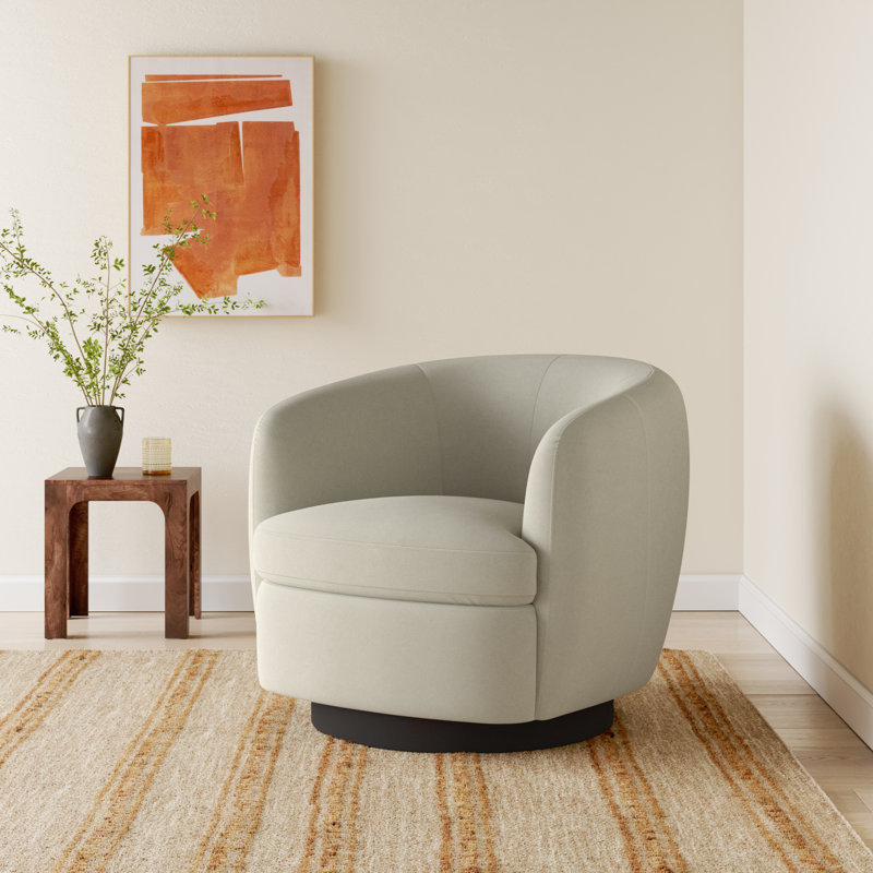 Marcy Upholstered Swivel Barrel Chair, Bella Beach Performance Velvet