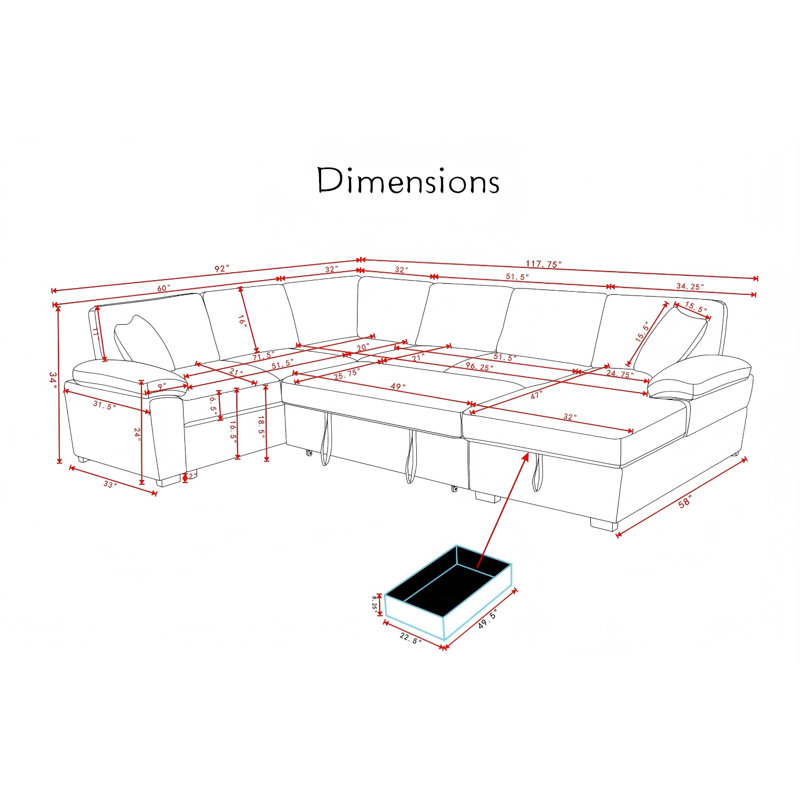 Canapé-lit modulaire en U en velours côtelé avec lit escamotable et repose-pieds avec rangement, Velours côtelé clair chameau