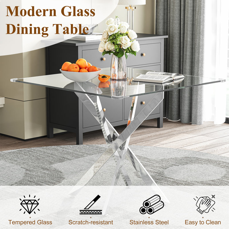  Modern Square Glass Dining Table Set for 4, 36" Tempered Glass Top with Velvet Tufted Nailhead Trim Chairs
