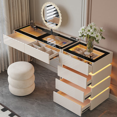 Coiffeuse suspendue moderne et luxueuse de 100 cm (39,37 po) – Fond de tiroirs en pin massif avec éclairage d'ambiance, tiroirs à fermeture douce et silencieuse, rangement compartimenté, table de maquillage avec plateau de chargement sans fil