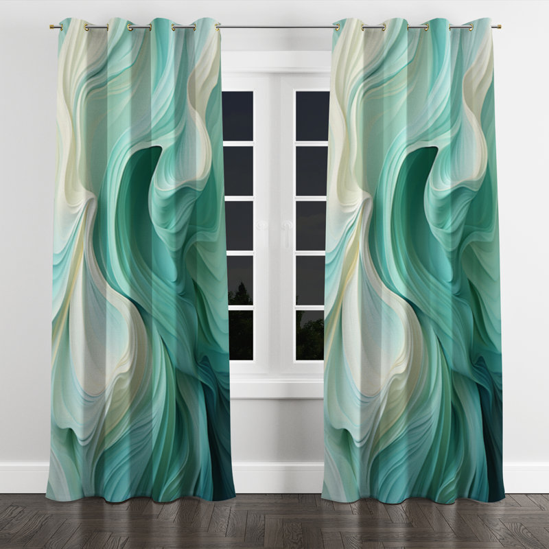 Rideau obscurcissant à motif géométrique abstrait vert et blanc Sway Wave Serenity II - 1 panneau, l 52 po x L 108 po
