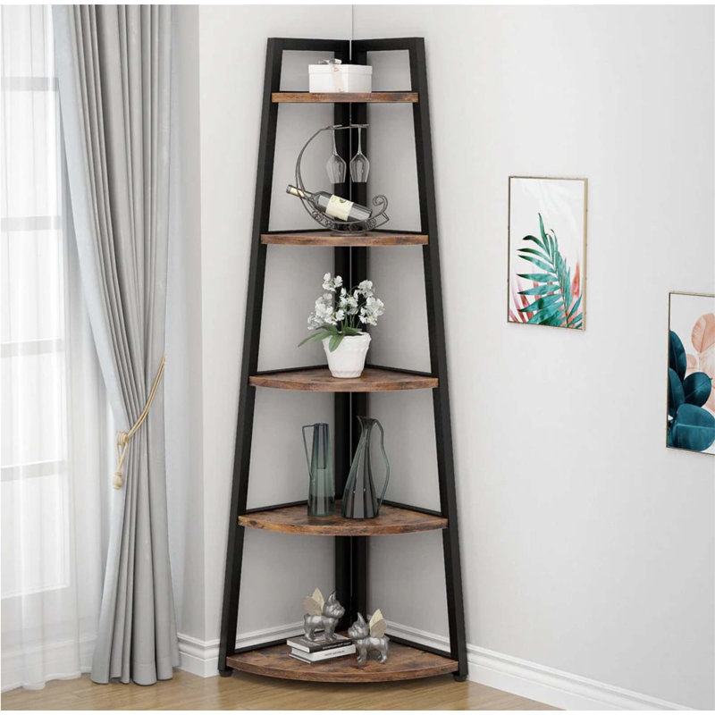 Bibliothèque d'angle à 5 niveaux brun rustique, échelle industrielle pour plantes et livres, solution de rangement peu encombrante