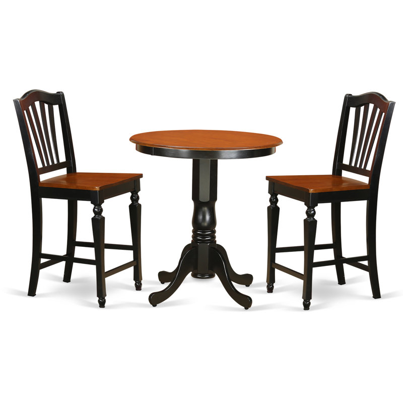 Ensemble de table de salle à manger à hauteur de comptoir 3 pièces comprenant une table de pub ronde avec piédestal et 2 chaises de salle à manger, noir et cerise