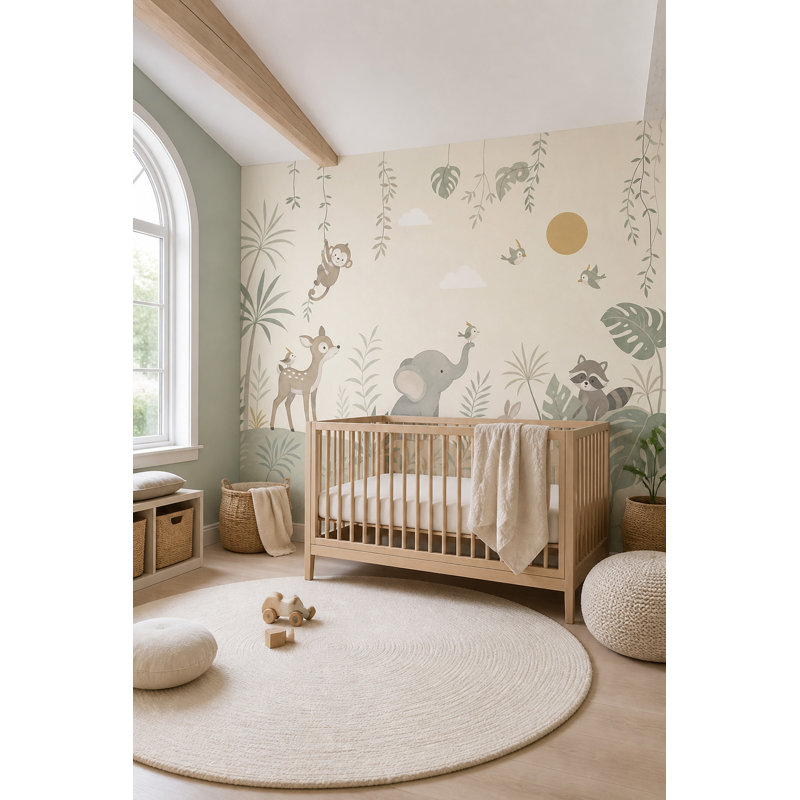 Papier peint Jungle Nursery, animaux tropicaux, aquarelle, 100"x96", Peler et coller